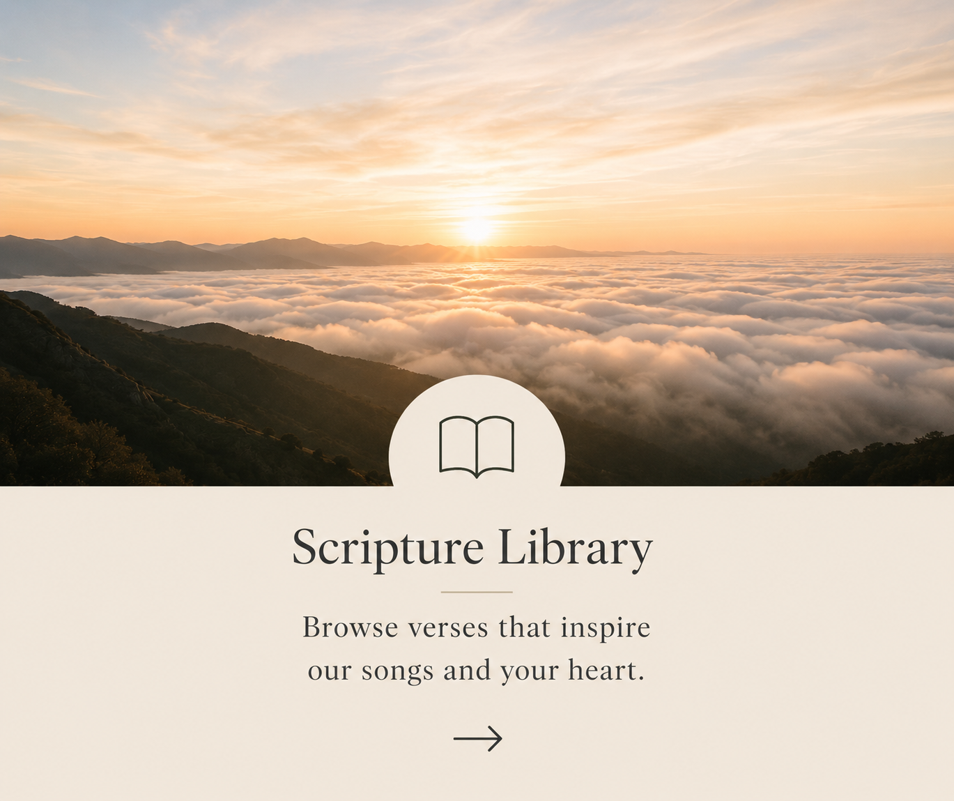 Sunrise over mountains and clouds with a Bible icon and text about a scripture library on a website.