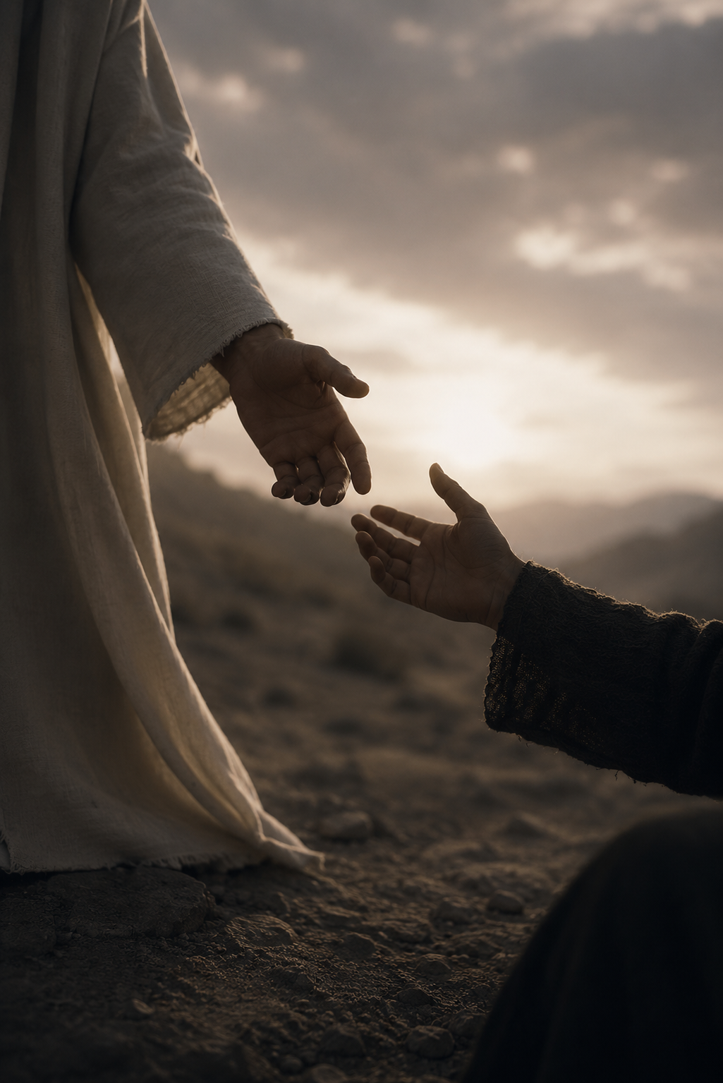 Person in beige robes offering hand to another person sitting on rocky ground, reaching upward, with a cloudy sunset sky in background.