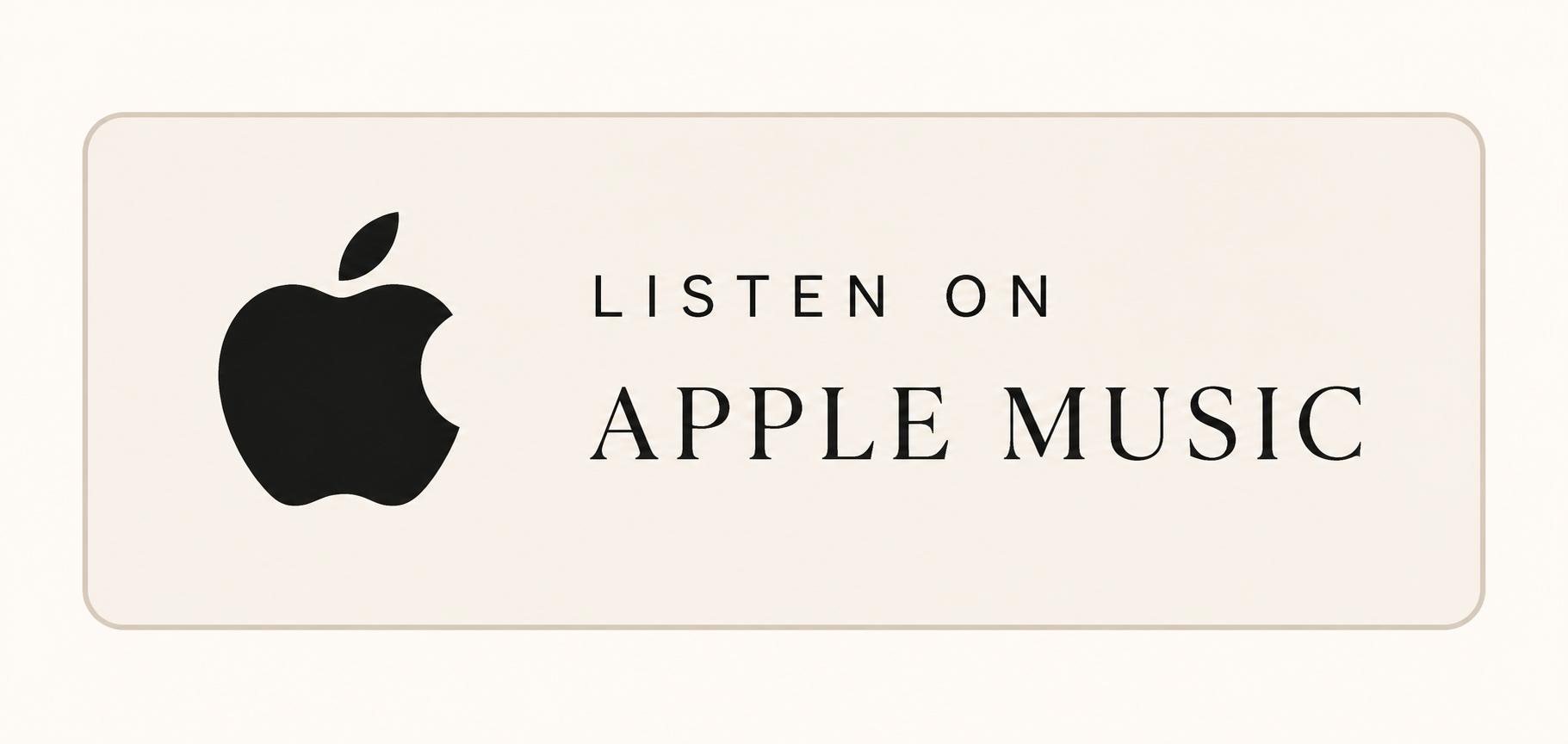 A beige background with a large black Apple logo on the left and text on the right that reads "LISTEN ON APPLE MUSIC" in black font.