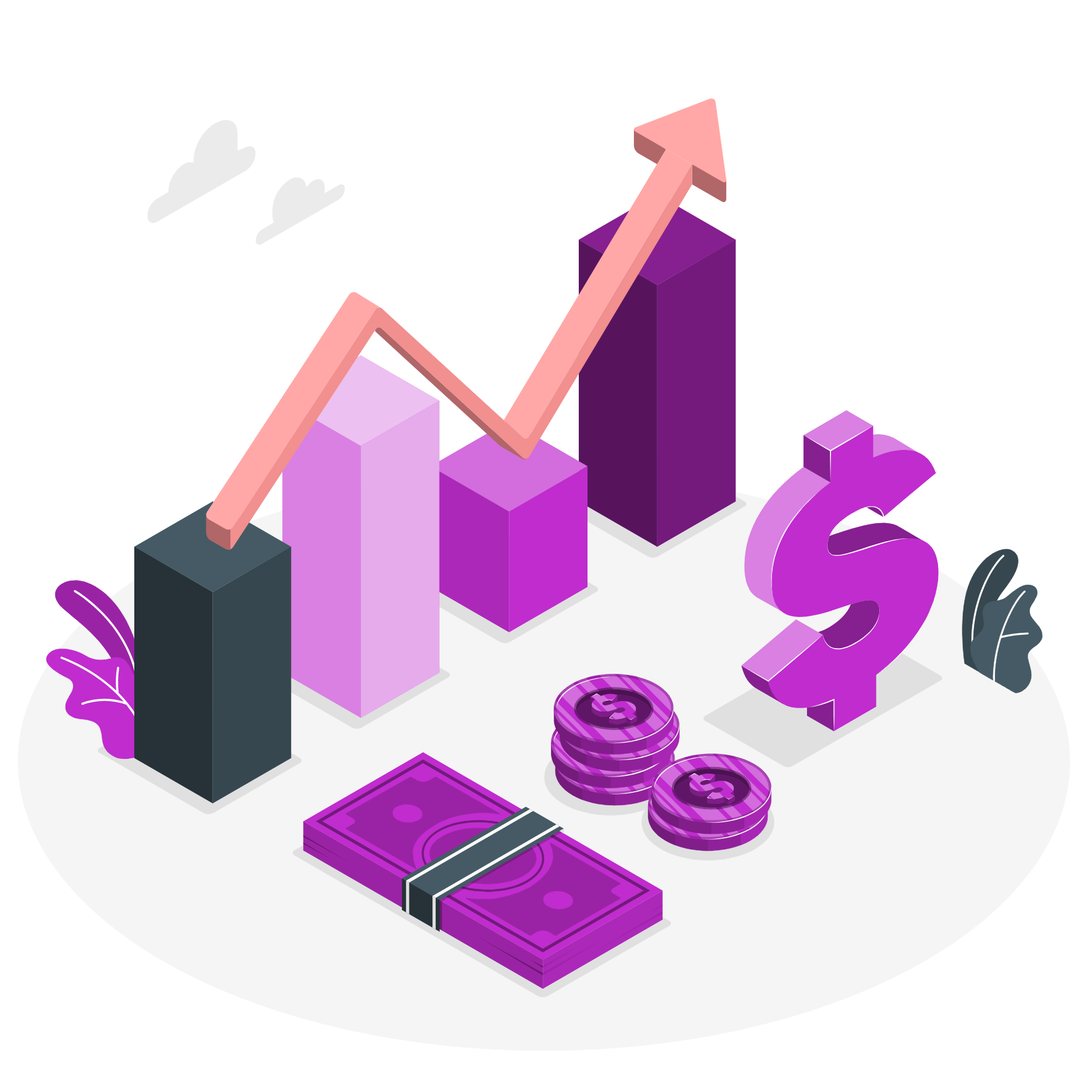 An illustration of financial growth with purple and pink tinted bar graphs, coins, a rising arrow, and dollar signs, set on a white background with decorative leaves.