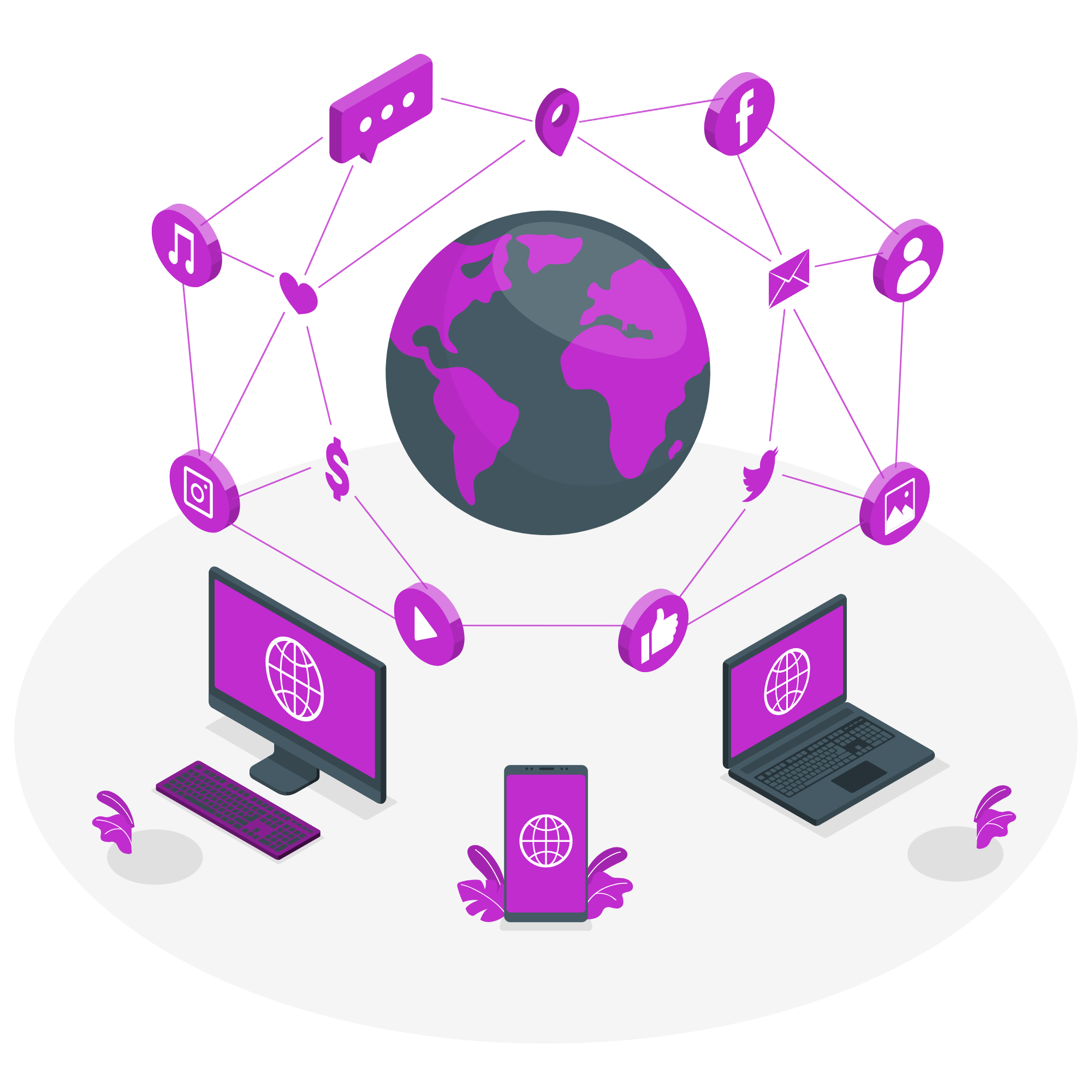 Digital illustration of a globe connected to multiple social media icons and digital devices with purple accents, representing global digital connectivity.