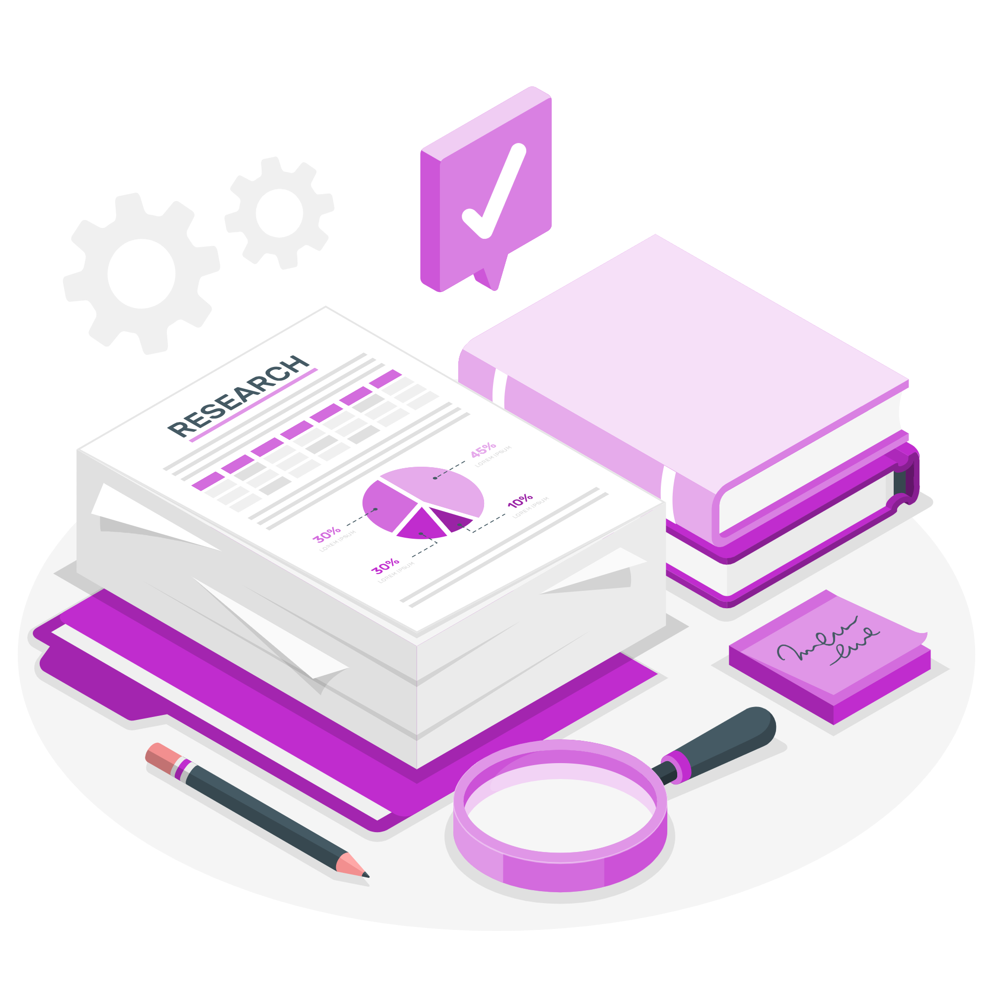 Scientific research materials on a table, including stacked notebooks, a printed research report with pie charts, gears, a pen, a marker, and a purple magnifying glass.