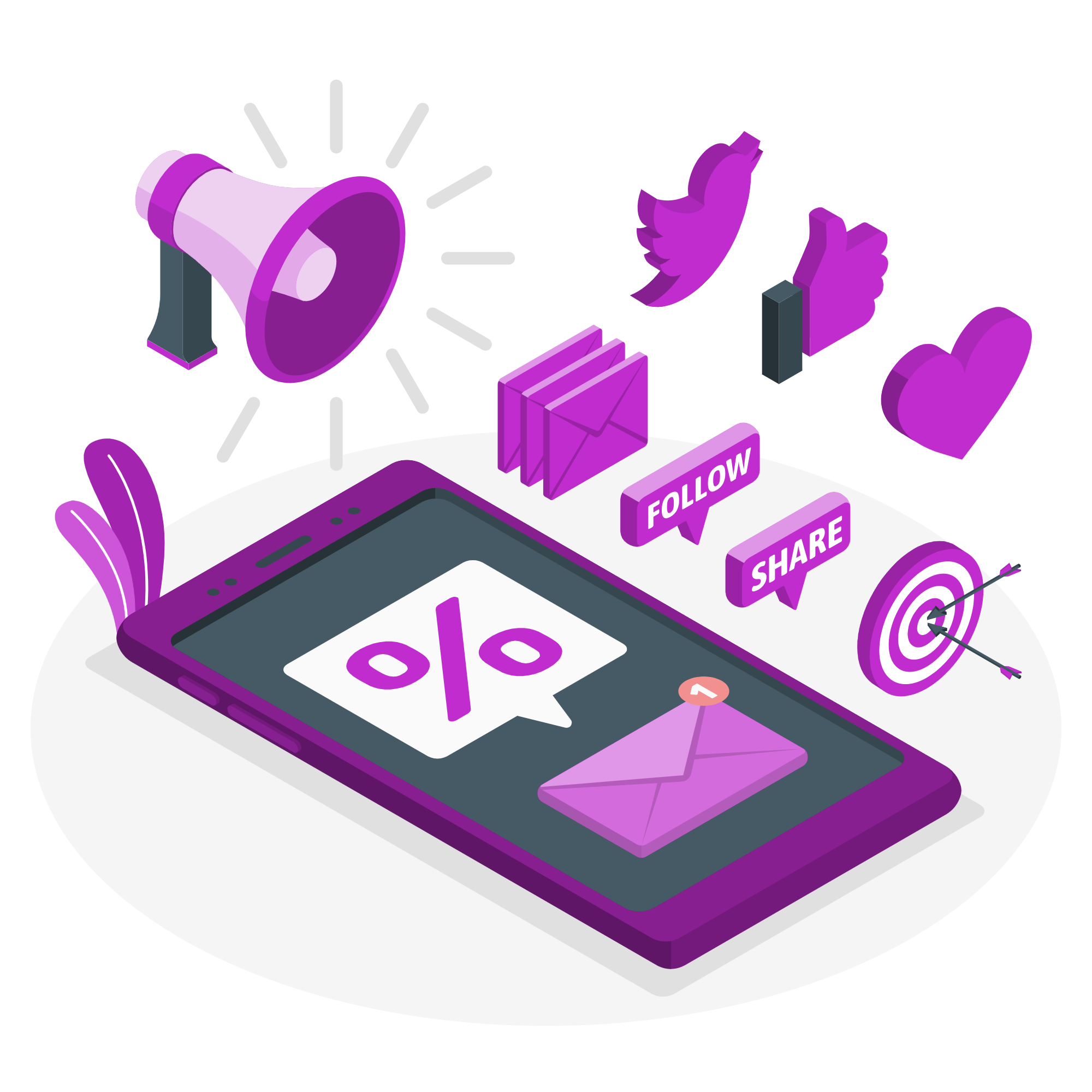 Digital illustration of social media marketing symbols, including a megaphone, thumbs up, speech bubble with 'Follow', 'Share', and 'Like', a target with arrow, envelope and smartphone, all in purple tones.