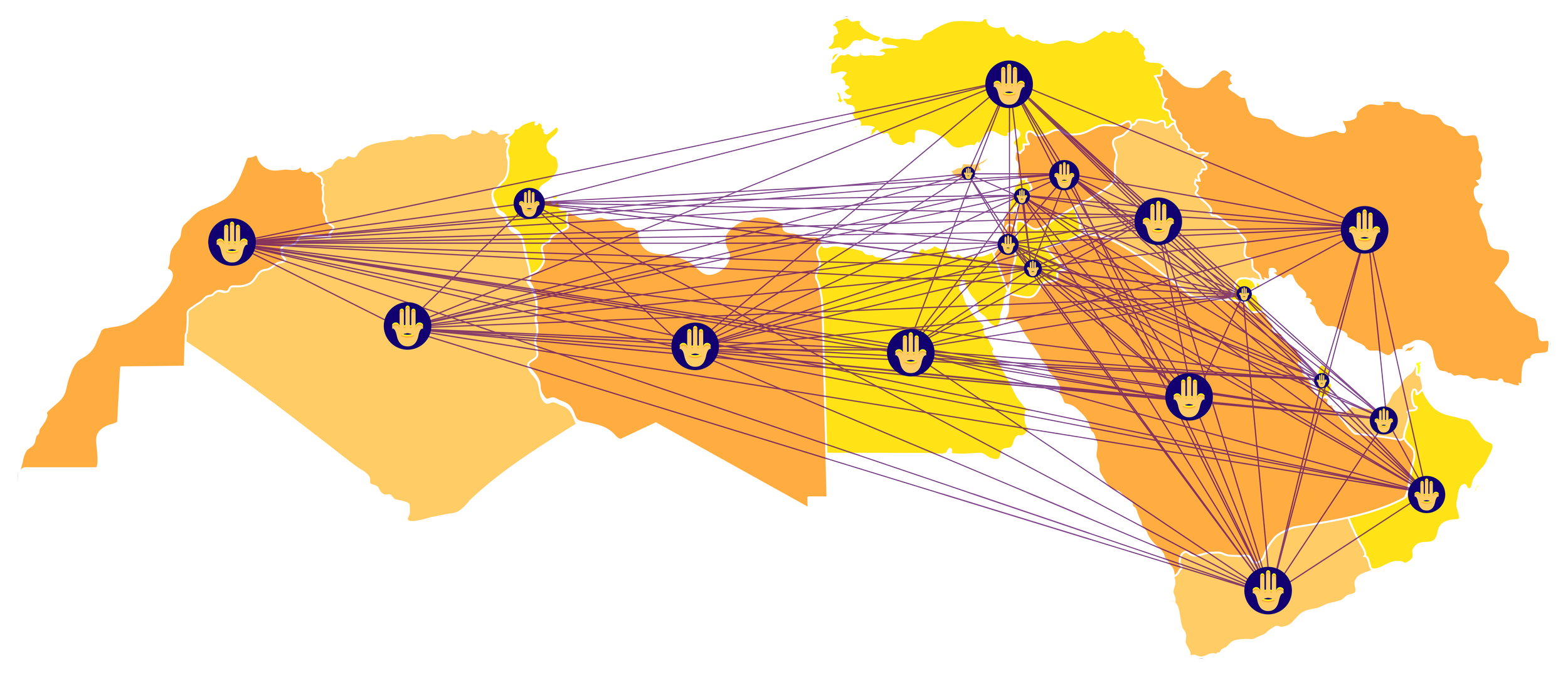A colorful map of the Middle East and North Africa with interconnected hand icons representing collaboration or communication links among countries.
