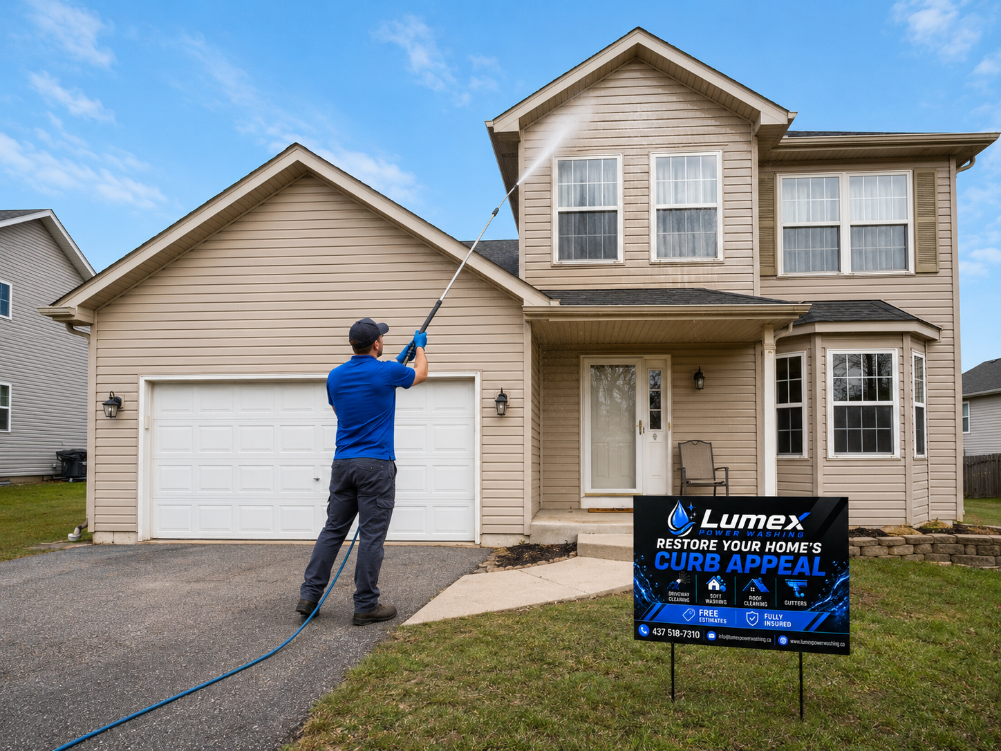 A person wearing a blue shirt and gray pants pressure washing the exterior of a two-story beige house with a garage. A sign for Lumex Power Washing advertises curb appeal services in the front yard.