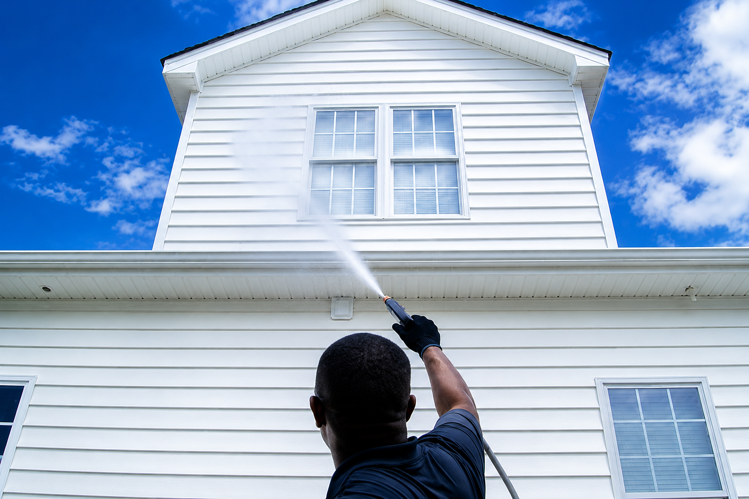 A man spraying water on the upper part of a white house exterior with a garden hose, under a blue sky with scattered clouds.