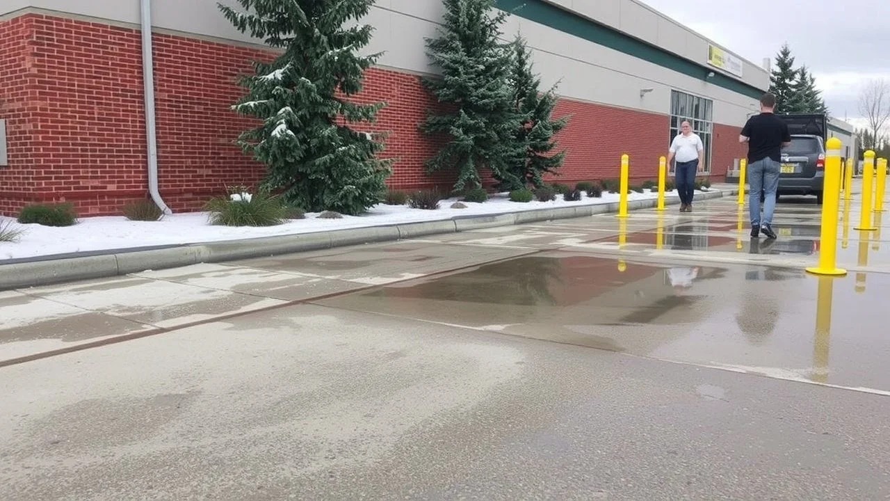 Parking lot with two people walking, wet ground with puddles, trees, and a brick building in the background.