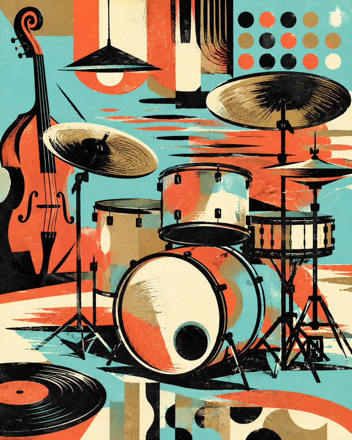 An abstract illustration of musical instruments including a drum set, a double bass, and cymbals against a colorful, geometric background.