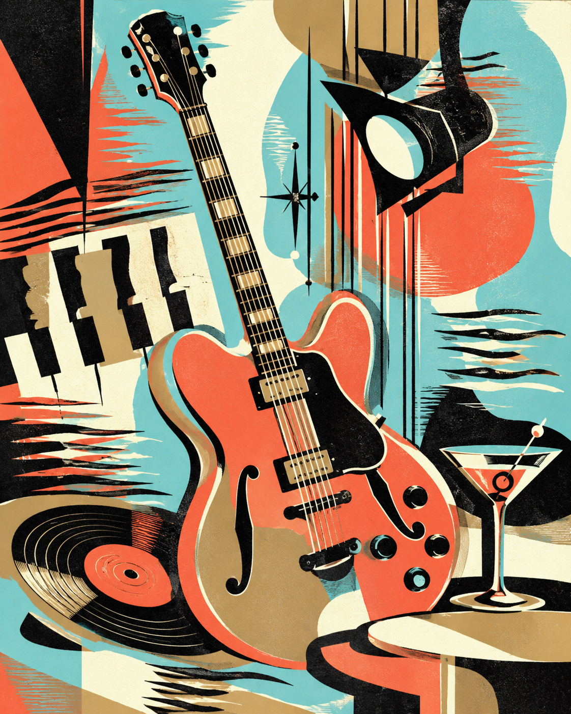 Vintage musical instruments and accessories, including a guitar, a vinyl record, a keyboard, a spotlight, and a cocktail glass with an olive, depicted in a colorful abstract art style.