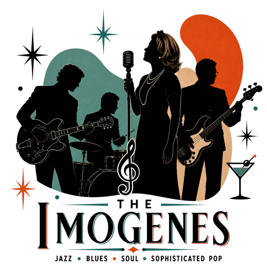 Silhouettes of a jazz band and a female singer performing on stage, with colorful abstract backgrounds and a 'MOGNES' logo at the bottom.