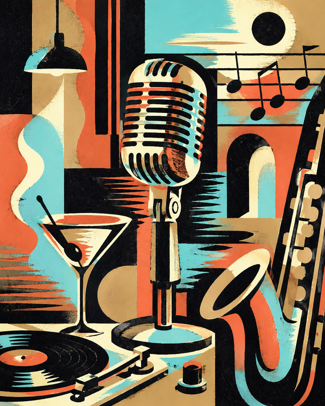 An abstract art illustration featuring a vintage microphone, a martini glass with an olive, a record player, musical notes, a lamp, a guitar neck, and a window with a view of the moon, all in warm tones of orange, beige, black, and blue.