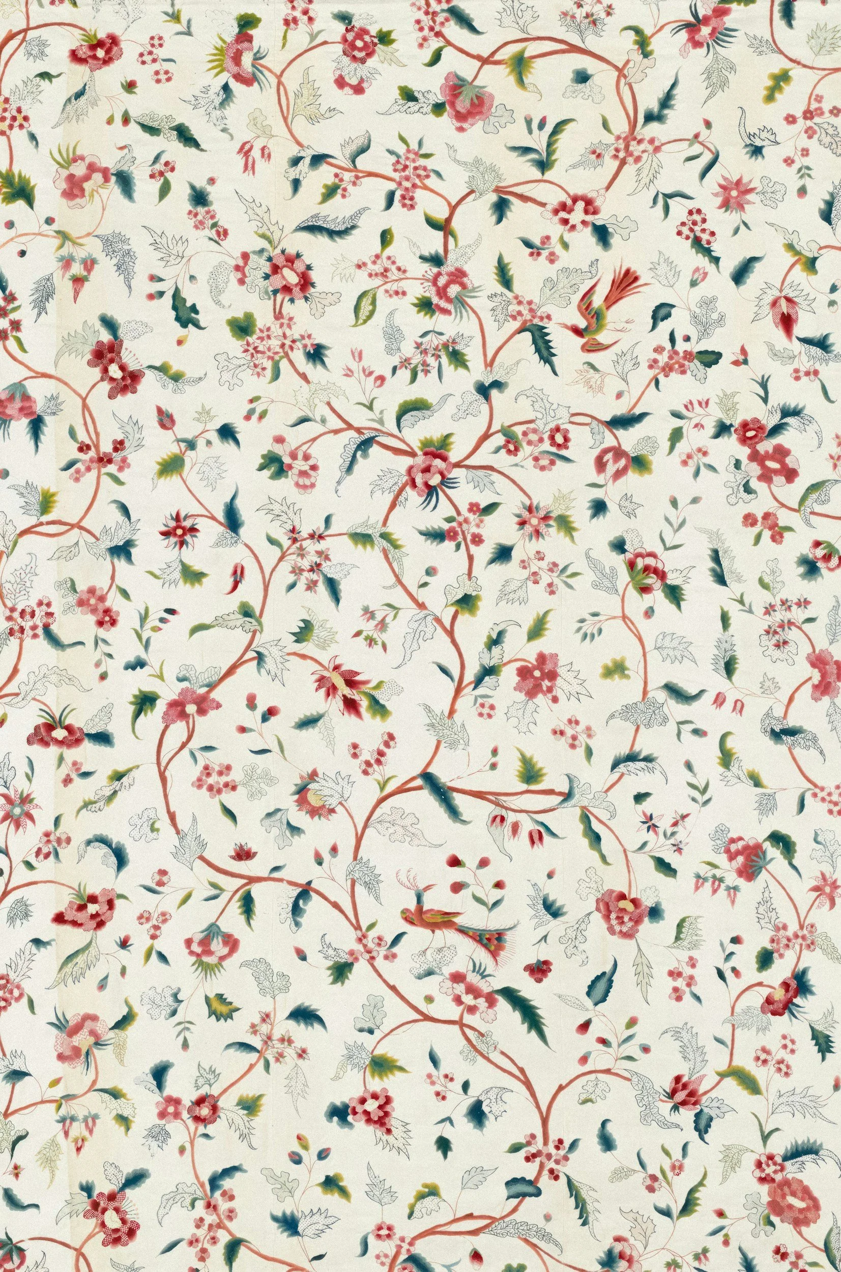 Floral pattern with pink and green flowers, leaves, and branching vines on a white background.