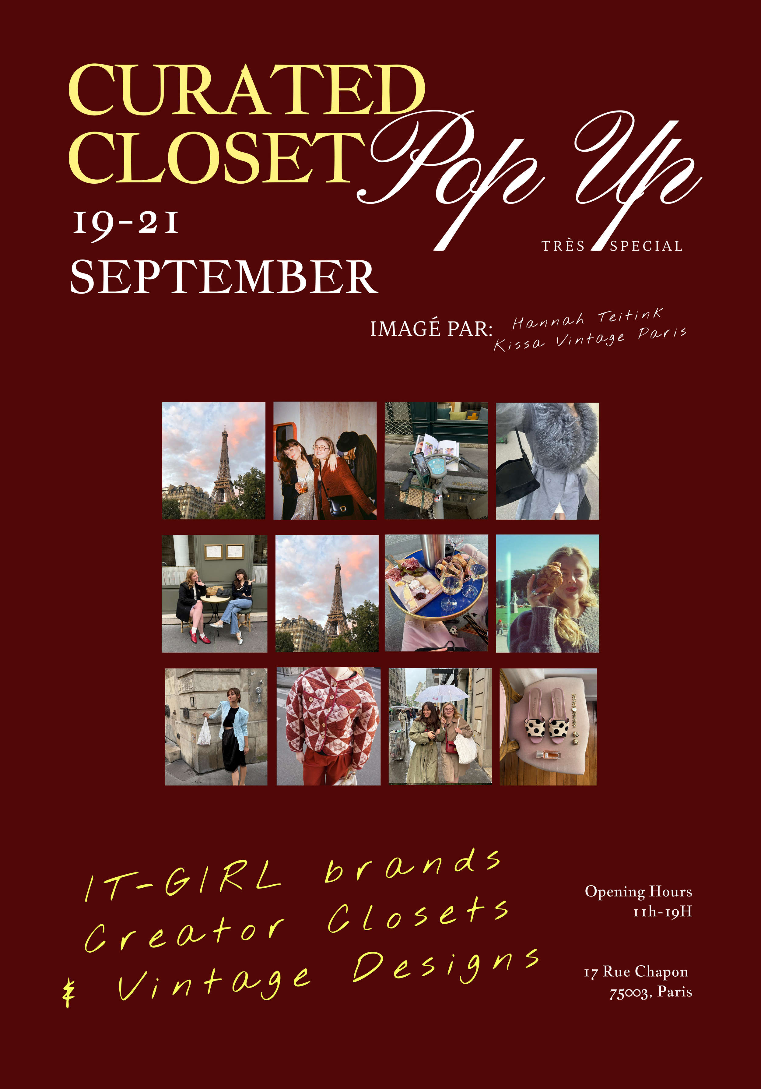 A promotional poster for a curated closet pop-up event, featuring event dates September 19-21, and photos of people, the Eiffel Tower, and various fashion items, with text indicating it is a vintage designer closet event in Paris.