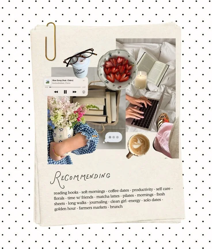 A flat lay of a cozy workspace and relaxation scene with a layered collage of books, a bowl of strawberries, a cup of coffee, an open book, a laptop, a candle, a pair of glasses, a pair of glasses on a paper clip, a hand holding flowers, a clip, and a phone playing music, all on patterned paper with a handwritten list of recommended activities.