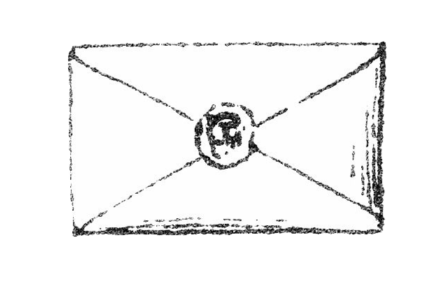 A sketch of an envelope with a circular seal or stamp in the center.