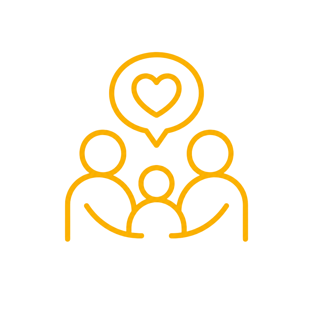 Outline of three people with a speech bubble containing a heart above them, symbolizing love or caring.