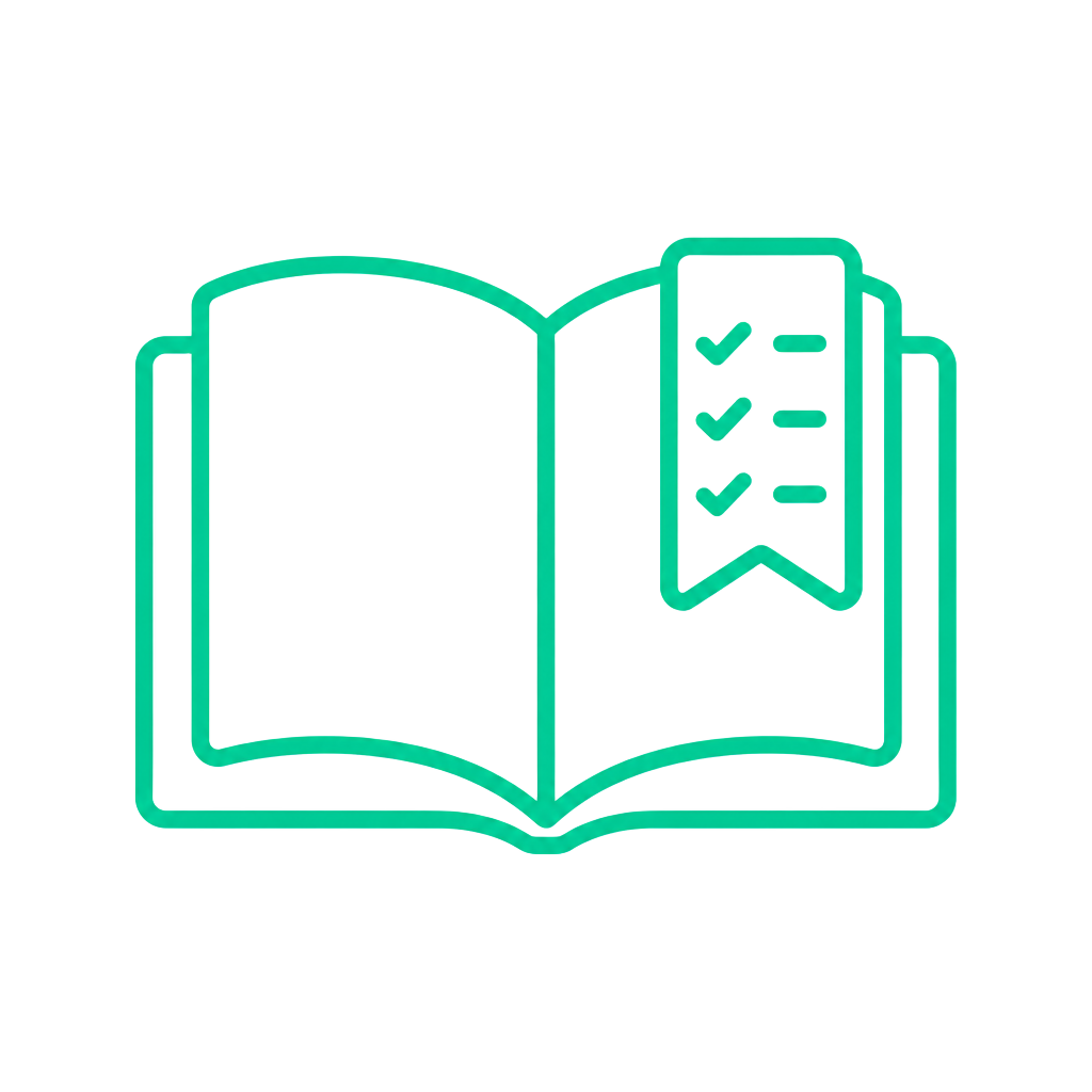 Outline of an open book with a bookmark featuring checkmarks on a black background.