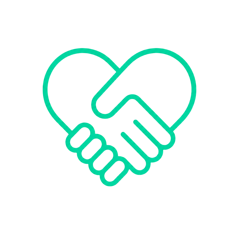 Illustration of two hands shaking, forming a heart shape in the middle with a green outline and a pink and light green color fill.