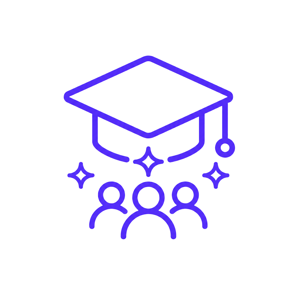 Digital illustration of a graduation cap and three people with stars around them, symbolizing education achievement.