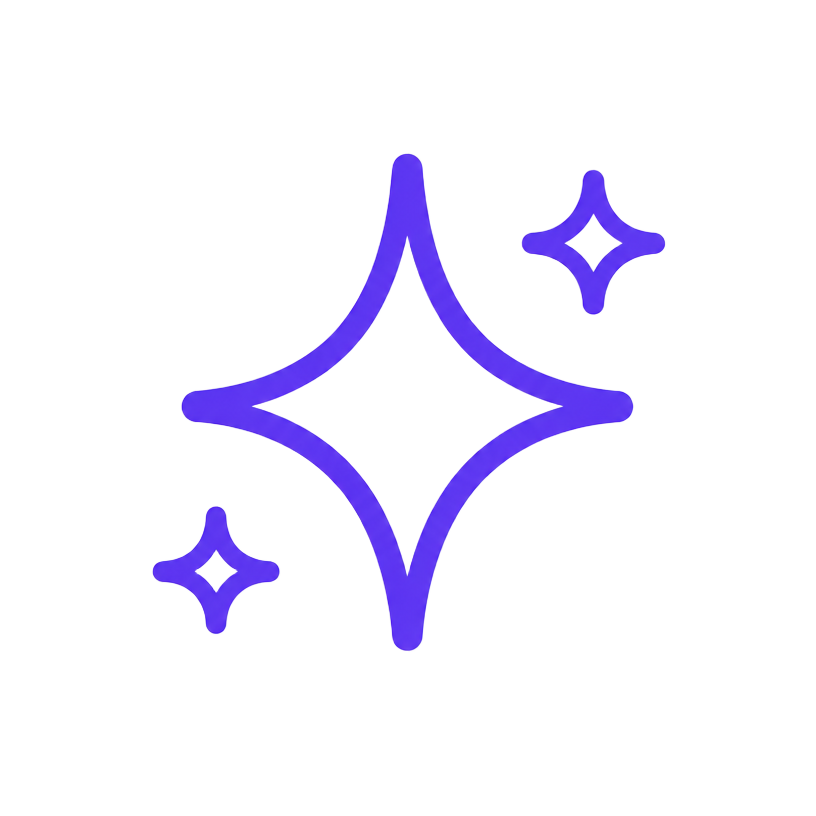 Stylized illustration of three sparkling stars with purple outlines and white centers, set against a transparent background.