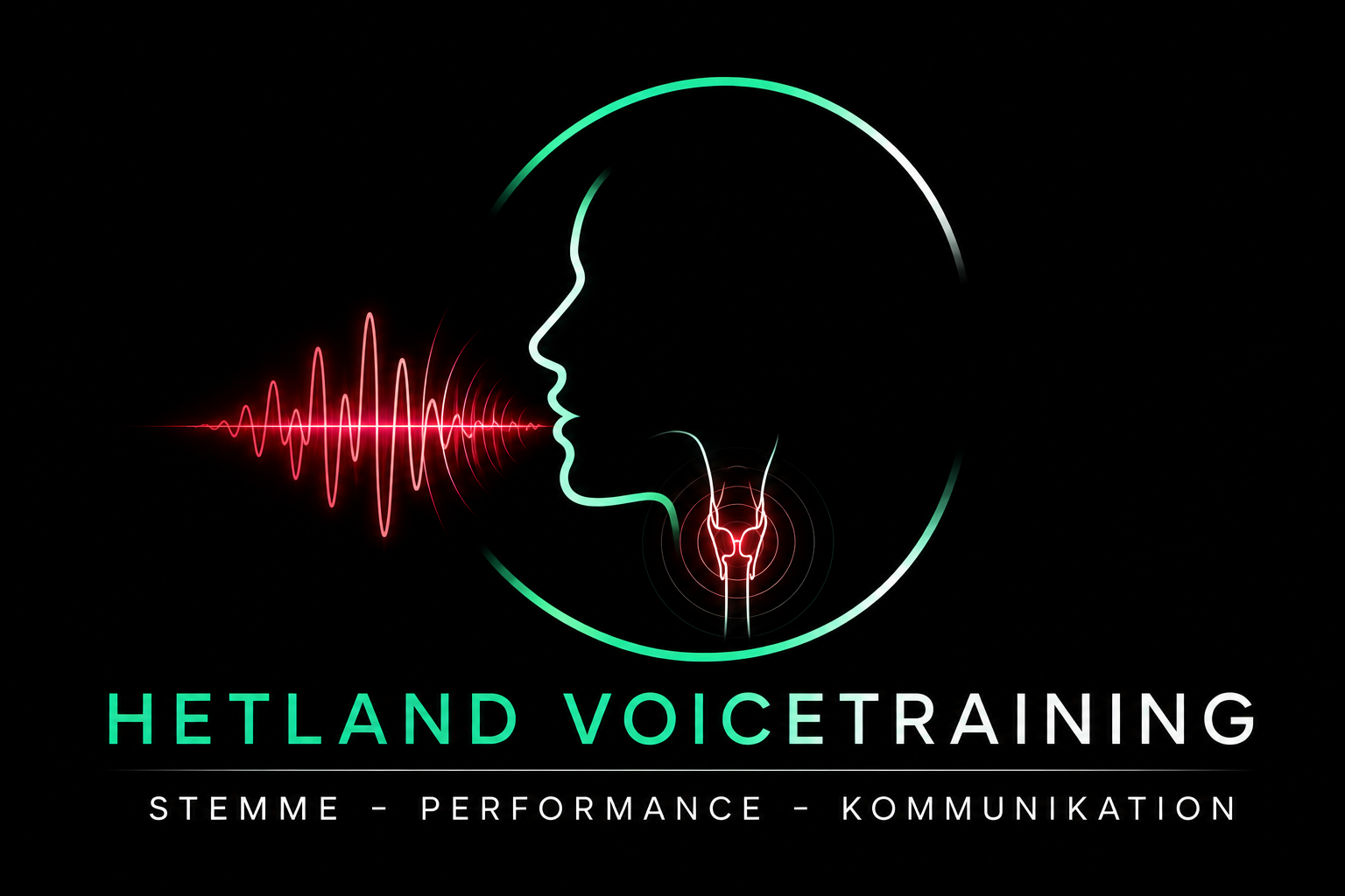Neonillustration af en menneskeprofil, der taler, med lydbølge og stemmelignende symboler, og teksten 'Hetland Voice Training' med undertekster 'Stemning - Performance - Kommunikation'.