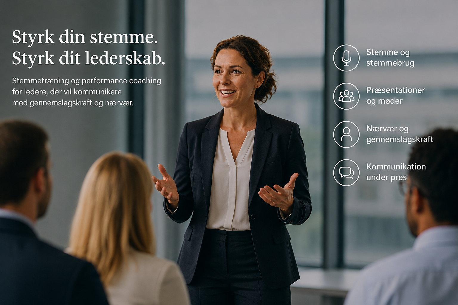 En kvinde holder en præsentation foran tre personer i et mødelokale med store vinduer. Tekst på billedet: "Styrk din stemme. Styrk dit lederskab. Stemmetræning og performance coaching for ledere, der vil kommunikere med gennemslagskraft og nærvær."