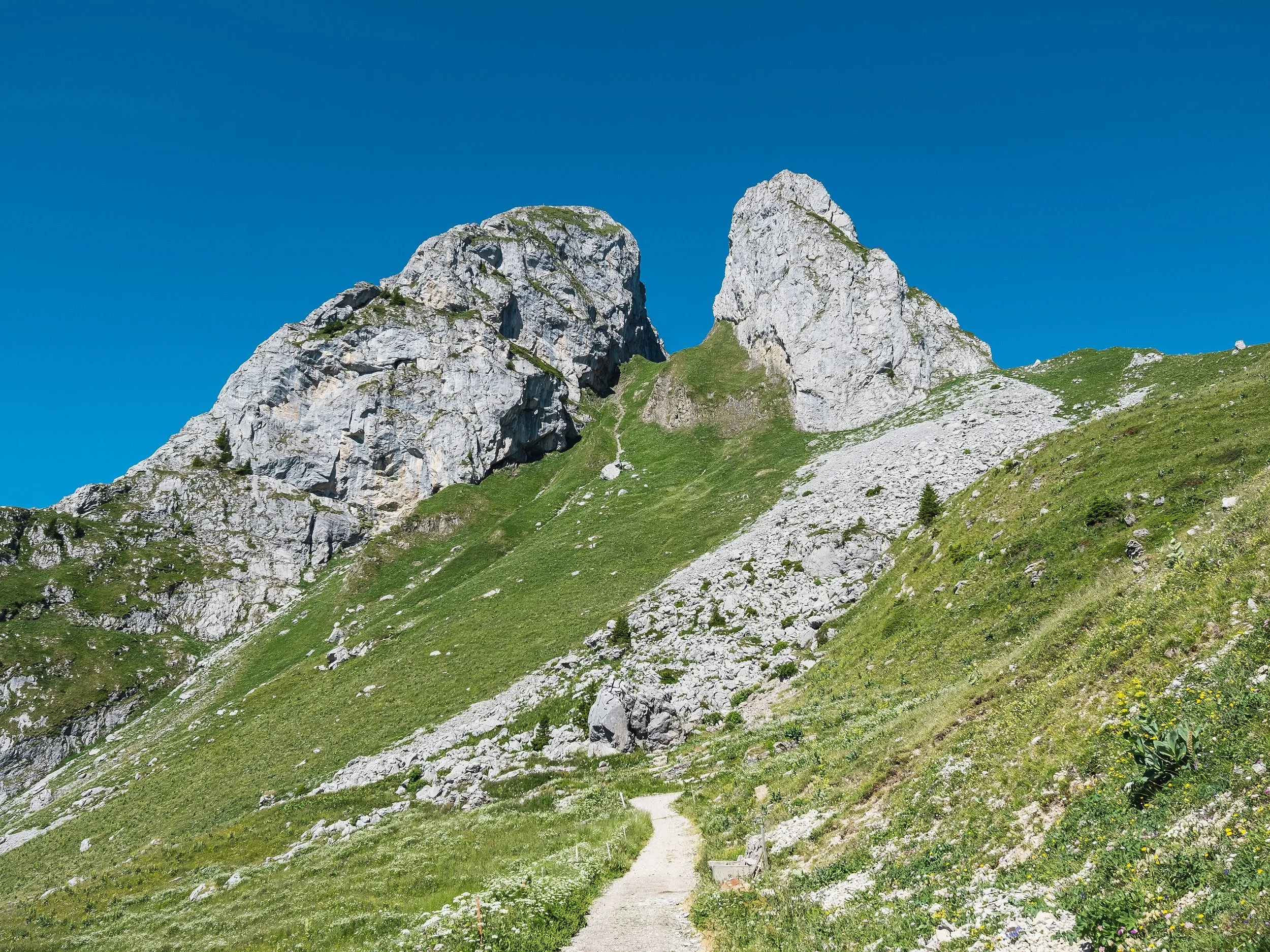 Montagnes rocheuses vertes sous un ciel bleu clair.