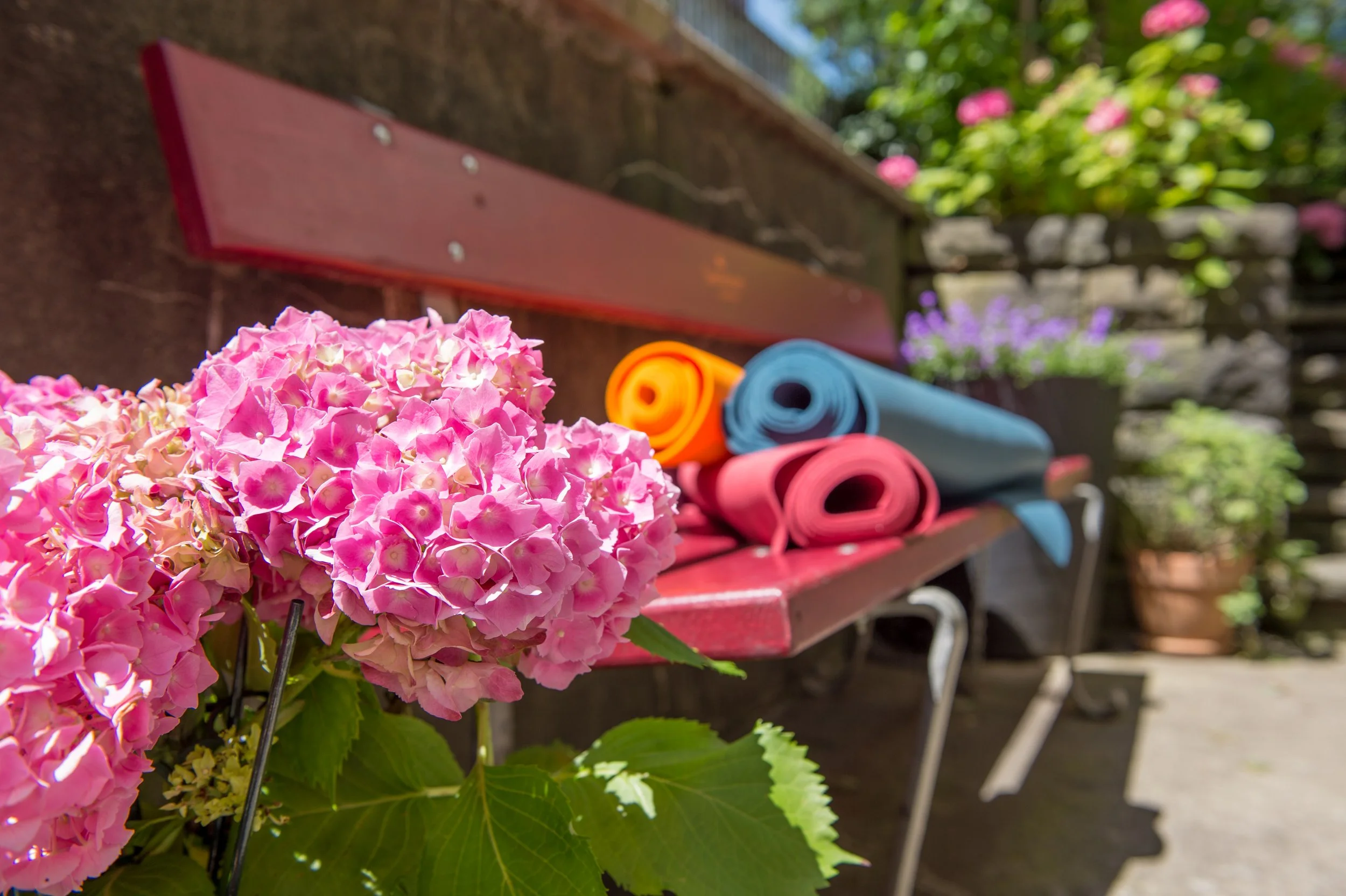 Yogamatten und Blumen am Eingang der Samatvam Yogaschule Zürich