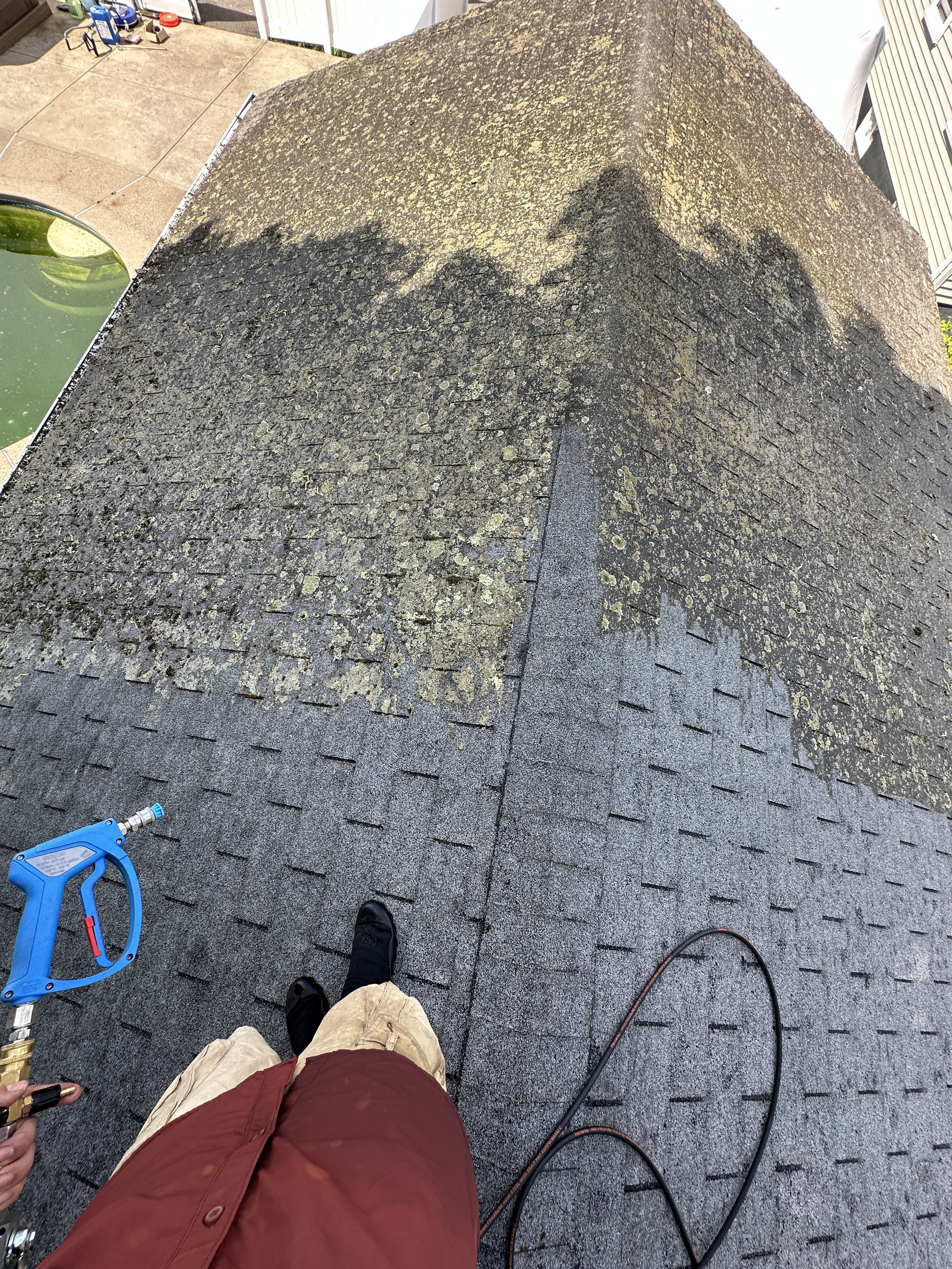Person standing on a roof in work clothes, looking down at the shingles, with a blue spray gun, black shoes, and a black extension cord, roof shingles with moss and dirt, adjacent roof with black asphalt shingles, and part of a backyard with a concrete patio and a small enclosed pond visible.