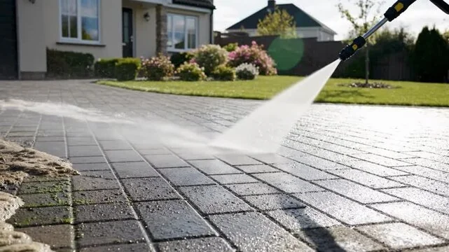 A person is power washing a brick driveway with a spray of water, with a house, garden, and trees in the background.
