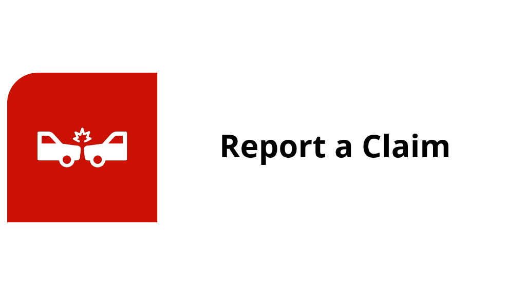 A digital button featuring a red section with a car accident icon and a white section with the text "Report a Claim" in bold black letters.