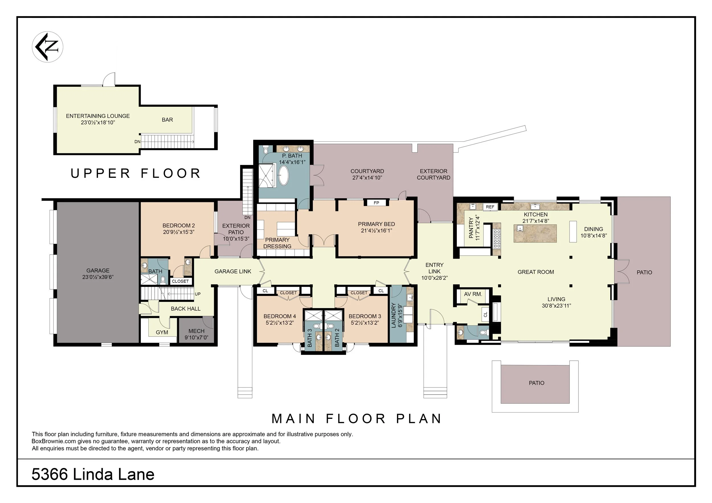 Floor plan of a house showing the main floor, including a great room, kitchen, dining area, bedrooms, bathrooms, garage, and outdoor courtyards.