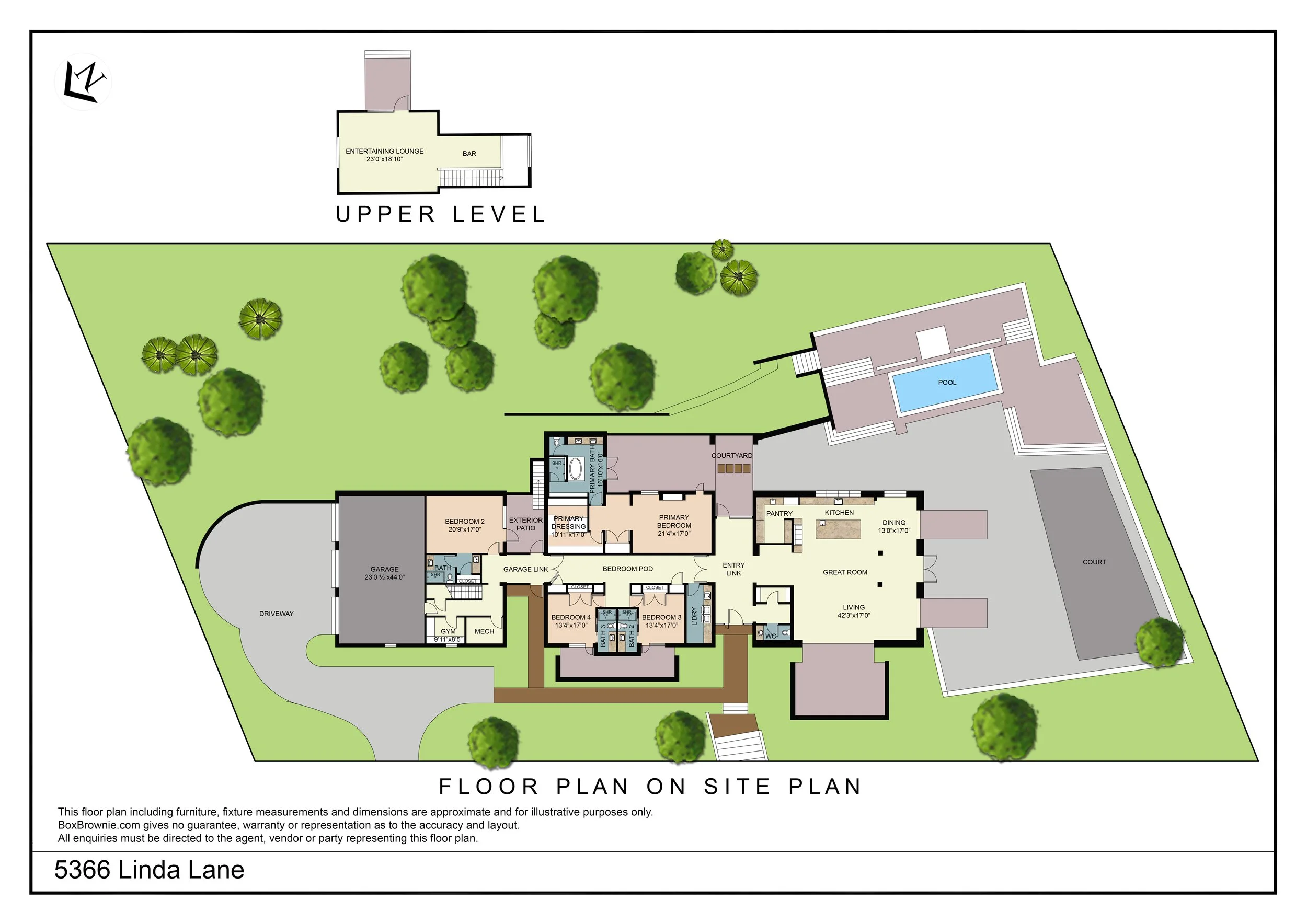 Detailed floor plan with a house layout, garden, trees, pool, and driveway, labeled 'Floor Plan on Site Plan' with an address '5366 Linda Lane'.