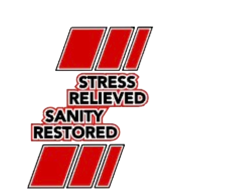 Logo with three red stripes at the top and bottom, with the text 'Stress Relieved Sanity Restored' in black and white in the middle.