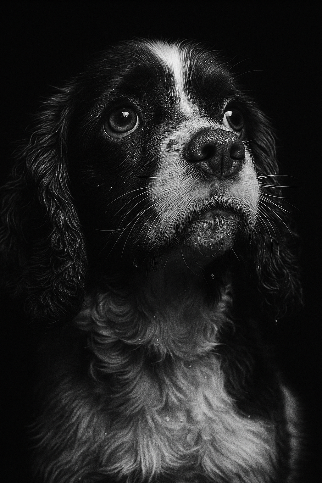 Black and white portrait of a Cocker Spaniel dog with long, curly ears and soulful eyes, against a dark background.