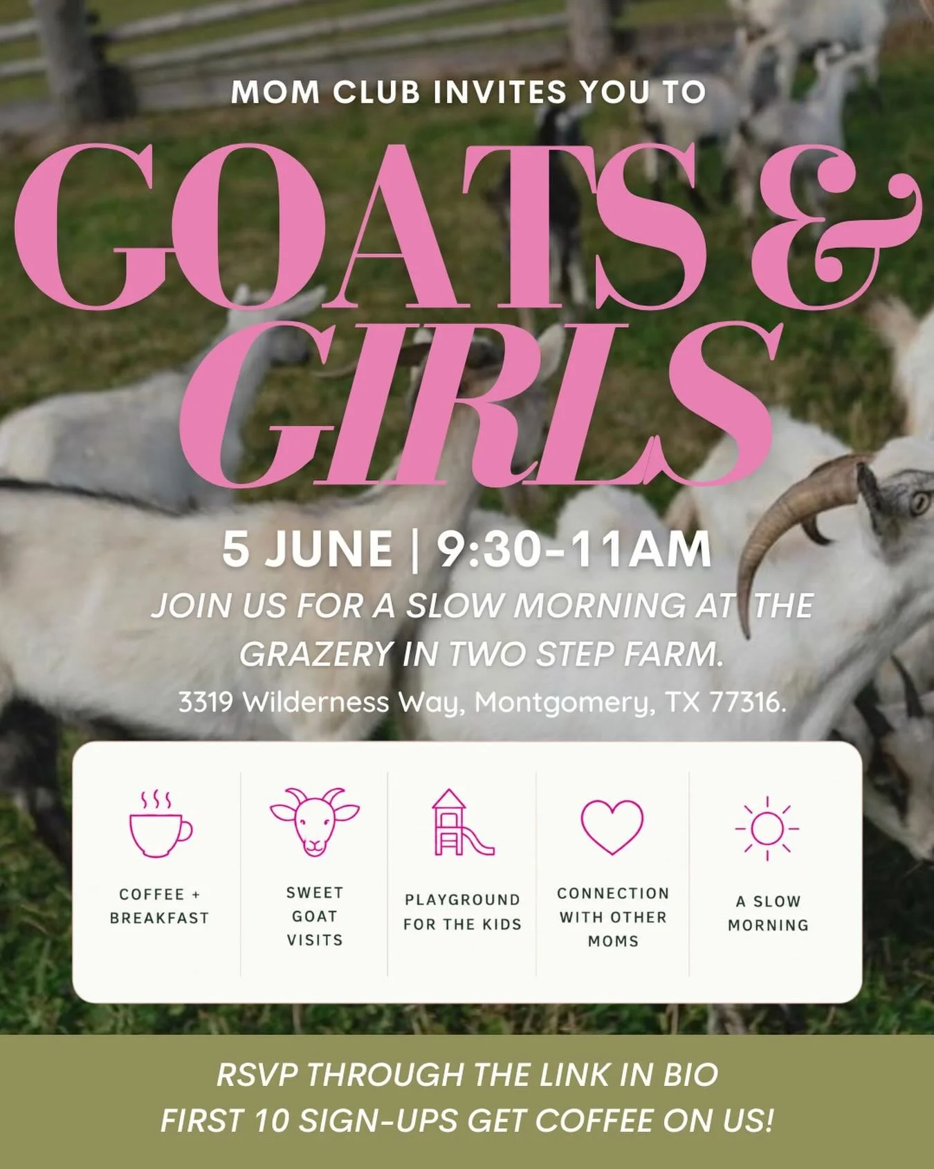 GOATS &amp; GIRLS 🐐☕️💓

our next mom club meetup is here. (🙌🏼🙌🏼)

a slow (maybe a tad chaotic) morning at the Grazery at two step farm with delicious coffee, good eats, the cutest goat visits, playground fun for the littles &amp; connection wit