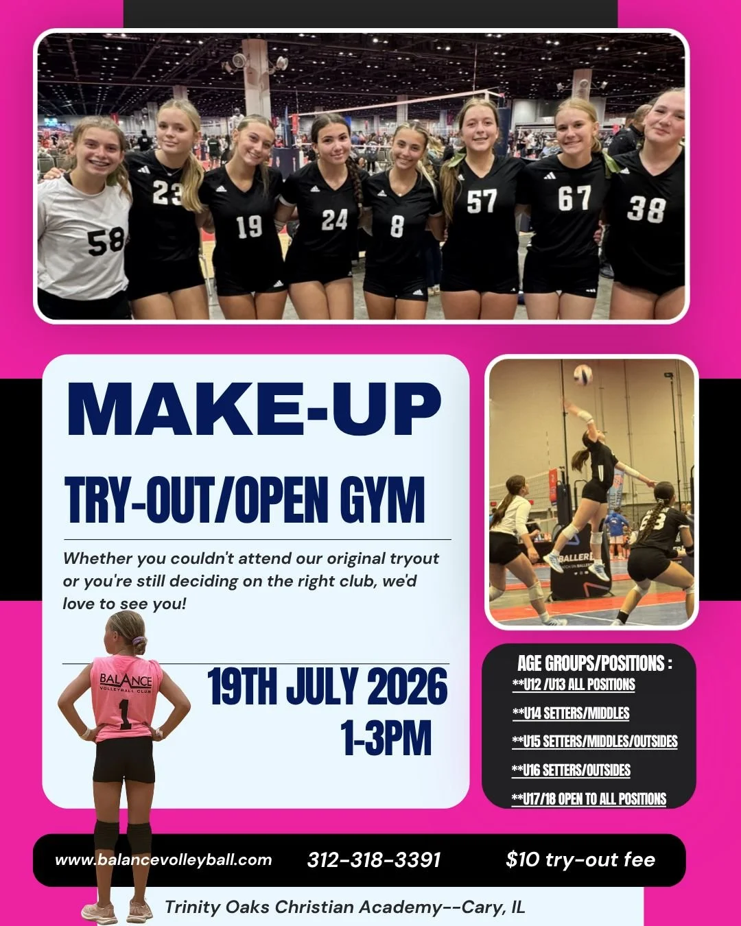🏐 MISSED TRYOUTS? We've Got One More Opportunity! 🏐

REGISTER ONLINE @ www.balancevolleyball.com

Still looking for a club home this season? Join us for our Balance VBC Make-Up Tryout/Open Gym!

This relaxed, open-gym style session gives athletes a