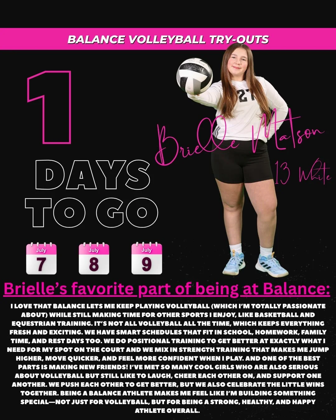 🌟 PLAYER SPOTLIGHT: Brielle Matson🌟

Brielle was the ultimate team player this season. She was always willing to step into whatever position the team needed, and her positive attitude and willingness to learn never went unnoticed.

Her versatility 