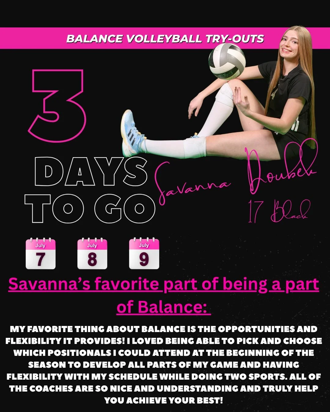 🌟 **PLAYER SPOTLIGHT: Savanna Doubek** 🌟

Words from Coach Patty:

Savanna joined the Balance family this season, and we couldn't have been more excited to welcome her to our club. Her impact was immediate, as she earned the respect of her teammate