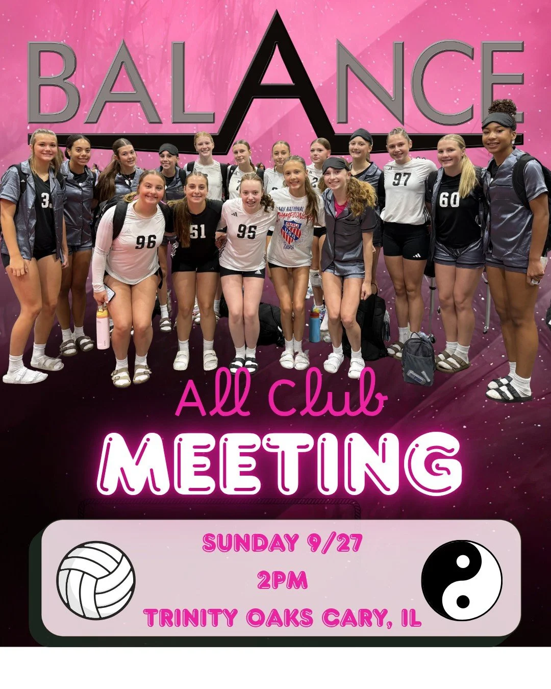 🏐 BALANCE VBC FAMILY MEETING &mdash; TOMORROW! 🏐

We&rsquo;re excited to officially kick off another season at Balance VBC!

📅 Sunday, September 27
⏰ 2:00 PM
📍 Trinity Oaks Christian Academy

Parents, come learn more about the upcoming season, me