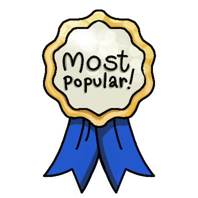 A cartoon illustrated award ribbon with a white center, gold border, and blue ribbons, displaying the words "Most popular!"