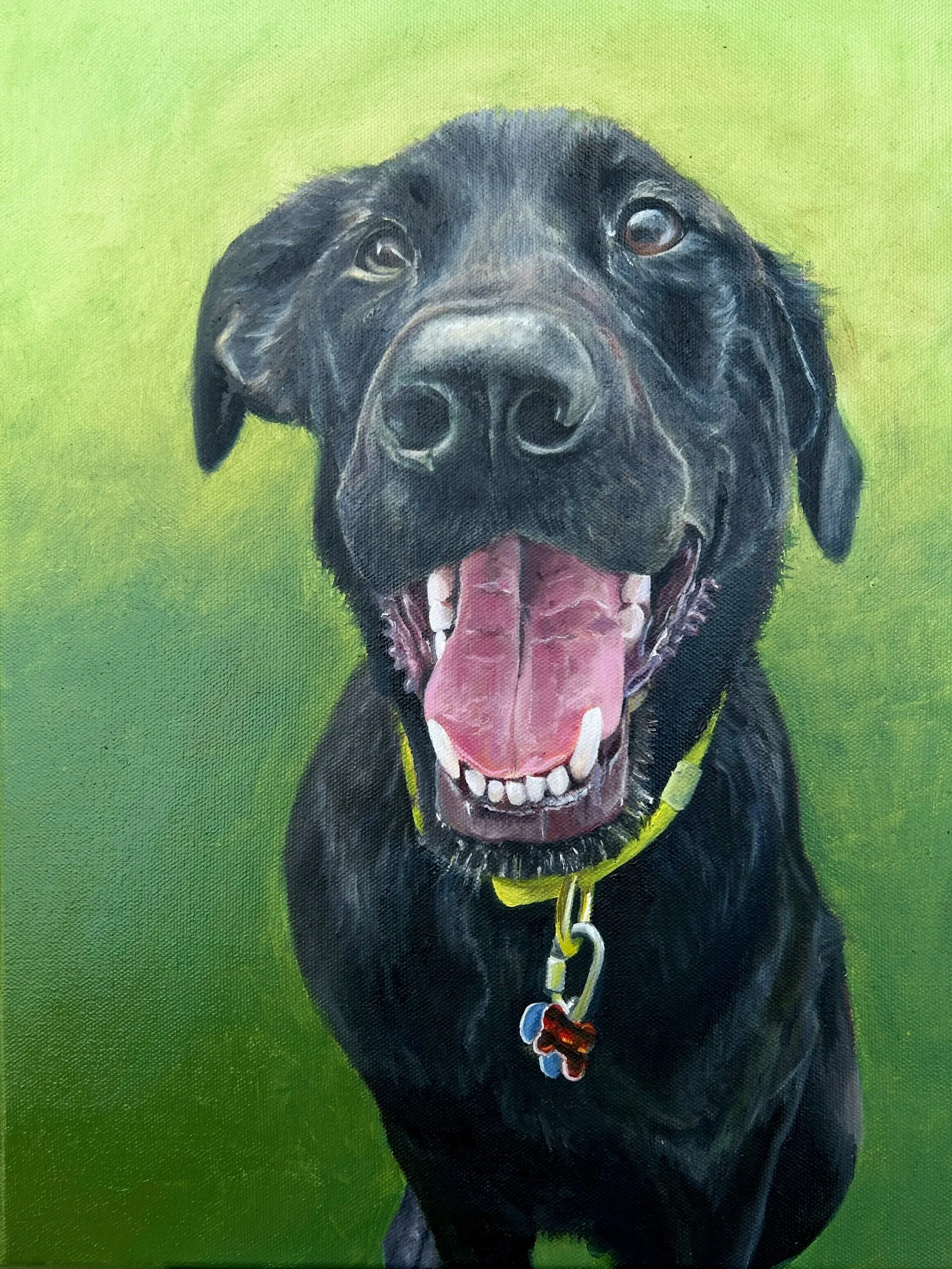 A painting of a black dog with a long tongue hanging out, wearing a yellow collar and a dog tag, on a green background.