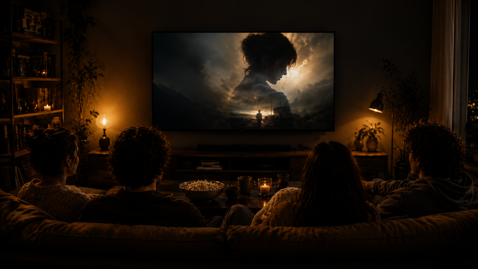 A group of four people sitting on a couch in a dimly lit living room watching a movie on a large television screen, which shows a woman with a silhouette scene involving clouds and a person walking.