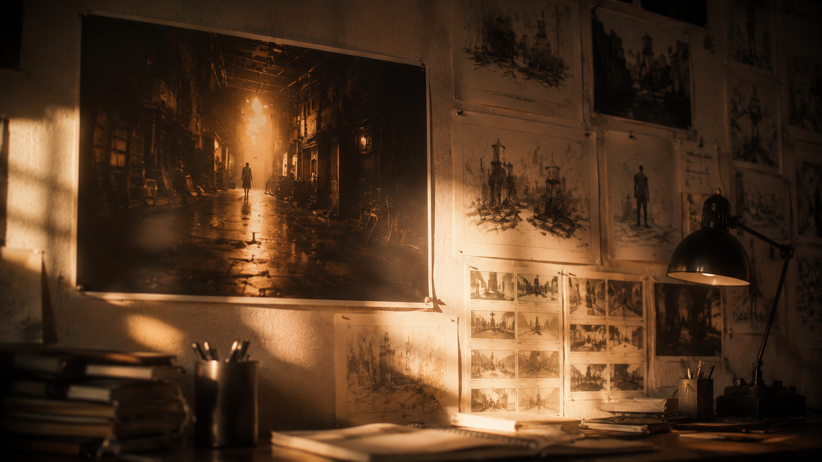 A wall decorated with framed artwork and photographs, illuminated by a black desk lamp, with a cluttered desk in the foreground.