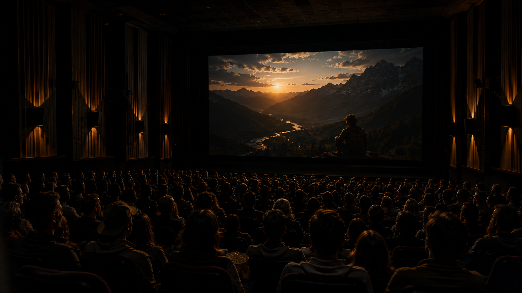 Audience watching a movie in a dark theater, with a scene showing a person sitting on a rock looking at a sunset over mountains and a river.