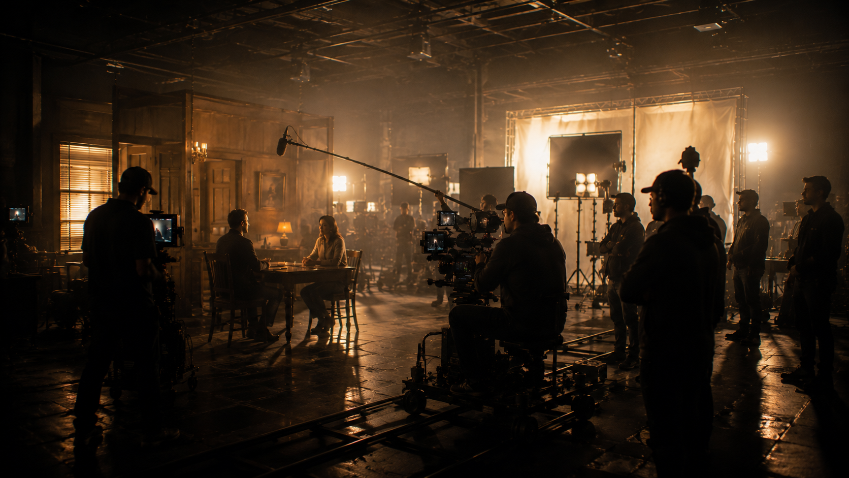 Film crew filming a scene with two actors sitting at a table in a dimly lit, vintage-style room with warm lighting and windows with blinds.