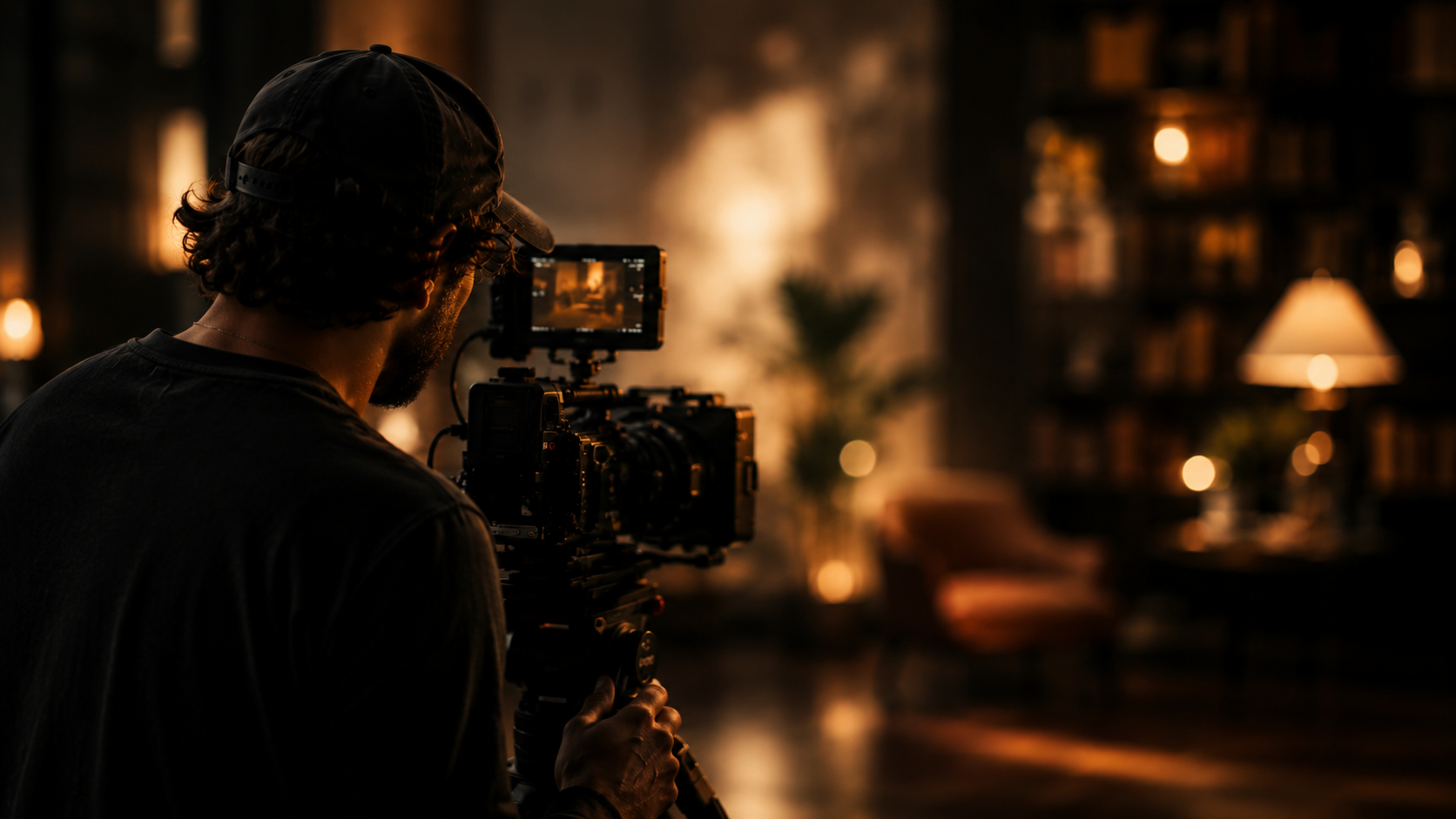 A man with curly hair and a cap operating a professional camera in a warmly lit room with bookshelves, lamps, and a cozy sitting area.
