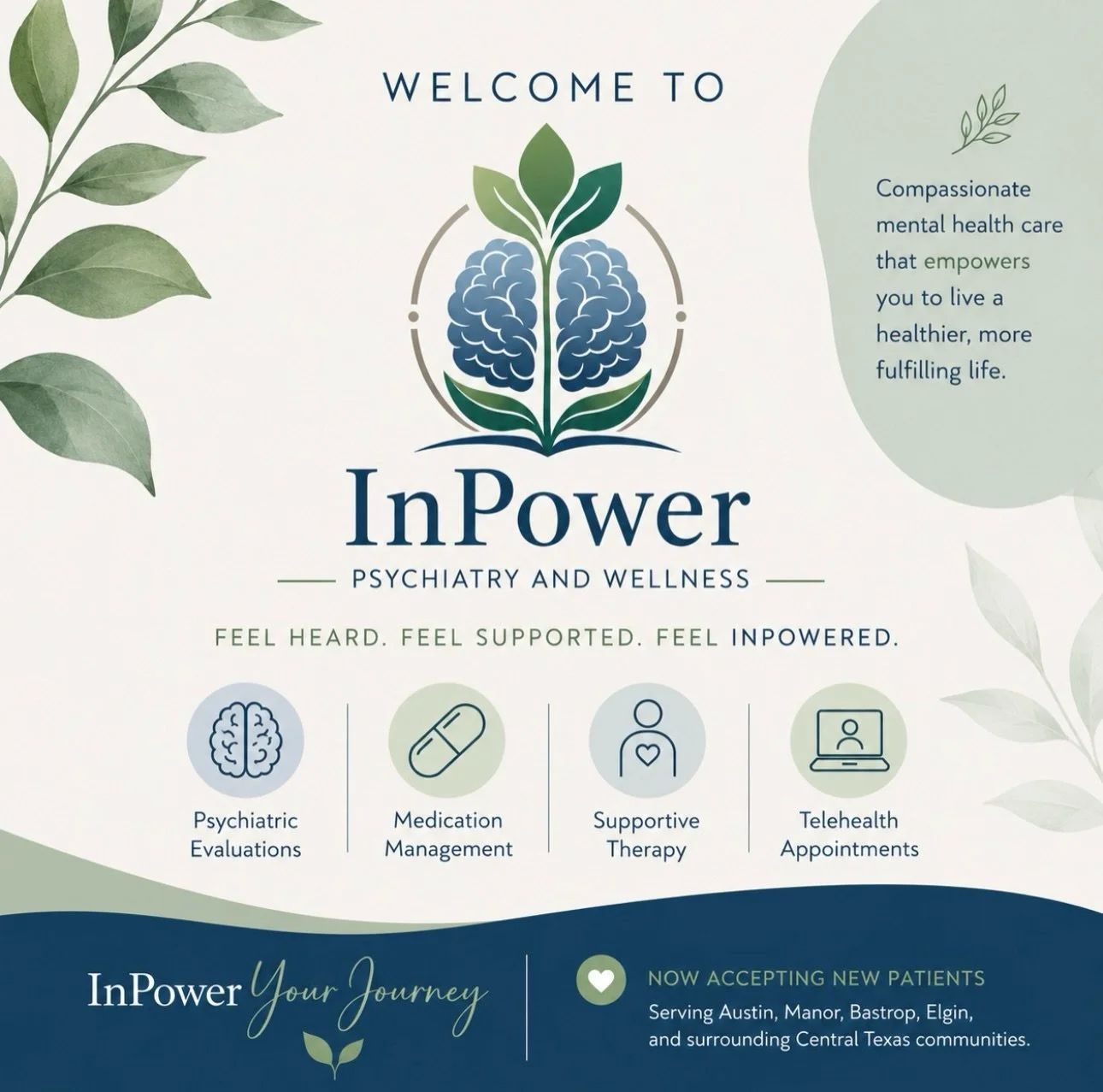 At InPower, we believe mental health care should be more than treating symptoms. It should be a space where you feel heard, understood, supported, and empowered to be an active part of your care.

Our approach combines compassionate, evidence-based p