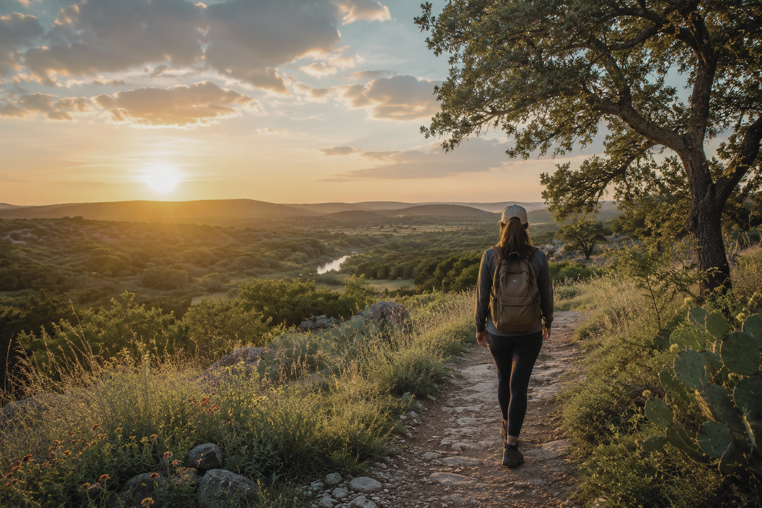 A woman hiking on a trail through a hilly landscape during sunset, with green trees, a river, and a partly cloudy sky in the background.