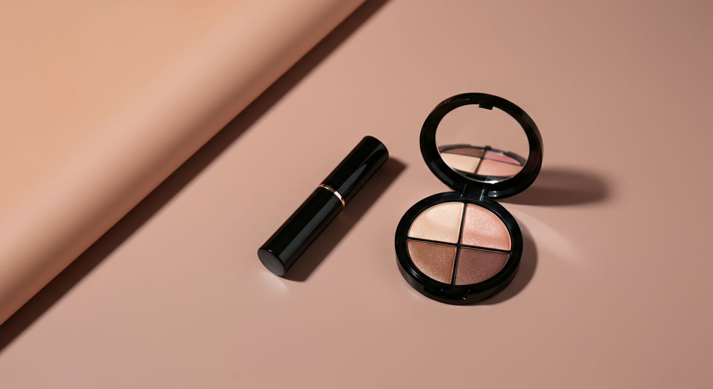 Open round compact makeup palette with four shades of highlighter, blush, and eyeshadow, alongside a black lipstick tube, on a beige background.